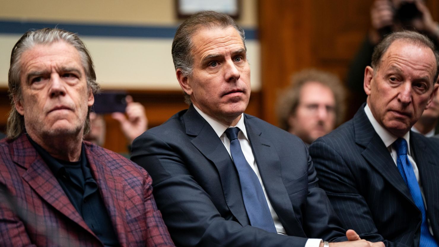 Hunter Biden, son of U.S. President Joe Biden, flanked by Kevin Morris, left, and Abbe Lowell, right, attend a House Oversight Committee meeting on January 10, 2024 in Washington, DC. The committee is meeting today as it considers citing him for Contempt of Congress.