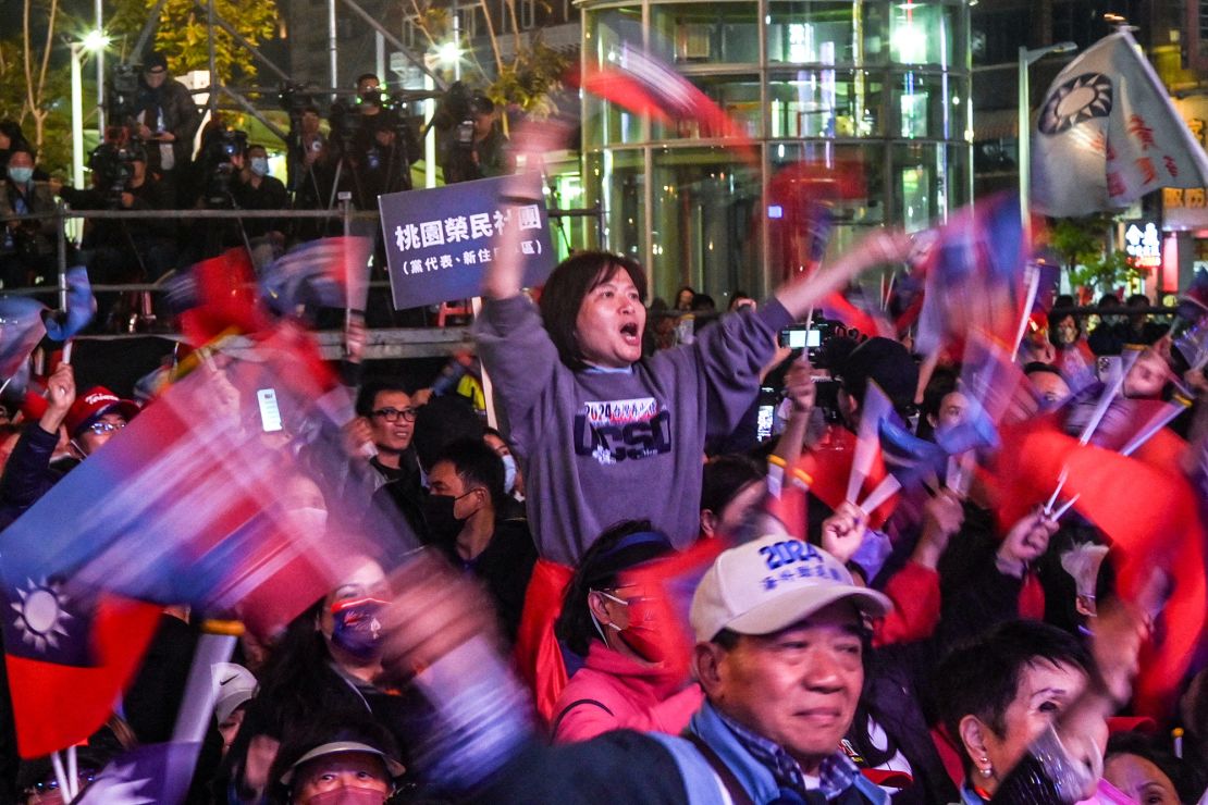 Supporters of Hou Yu-ih, presidential candidate from the main opposition Kuomintang (KMT), chant slogans during an election campaign rally in Taoyuan on January 6, 2024. (Photo by Sam Yeh / AFP) (Photo by SAM YEH/AFP via Getty Images)
