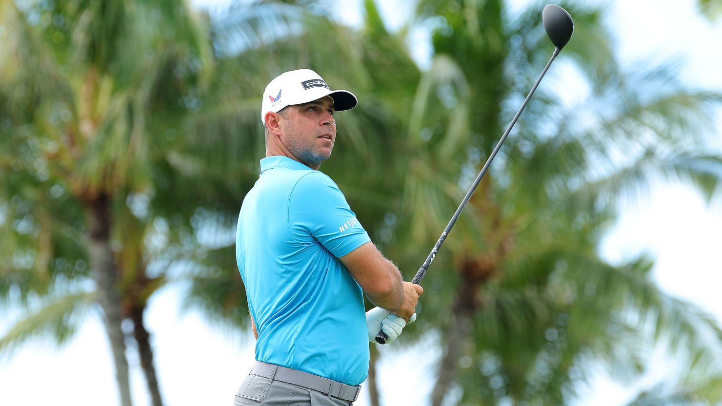 HONOLULU, HAWAII - JANUARY 09:  Gary Woodland of the United States tees off the 14th hole during a practice round prior to the Sony Open in Hawaii at Waialae Country Club on January 09, 2024 in Honolulu, Hawaii. (Photo by Kevin C. Cox/Getty Images)