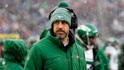 FOXBOROUGH, MA - JANUARY 07: New York Jets quarterback Aaron Rodgers (8) during a game between the New England Patriots and the New York Jets on January 7, 2024, at Gillette Stadium in Foxborough, Massachusetts. (Photo by Fred Kfoury III/Icon Sportswire via Getty Images)