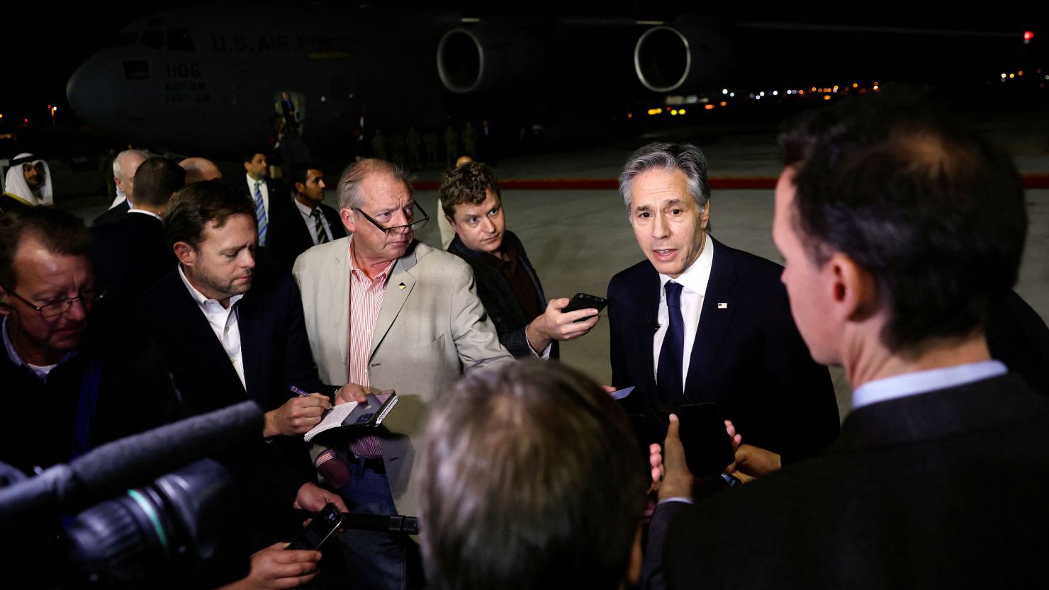Secretary of State Antony Blinken speaks to the media as he departs for Tel Aviv, during his week-long trip aimed at calming tensions across the Middle East, in Manama, Bahrain, on January 10.