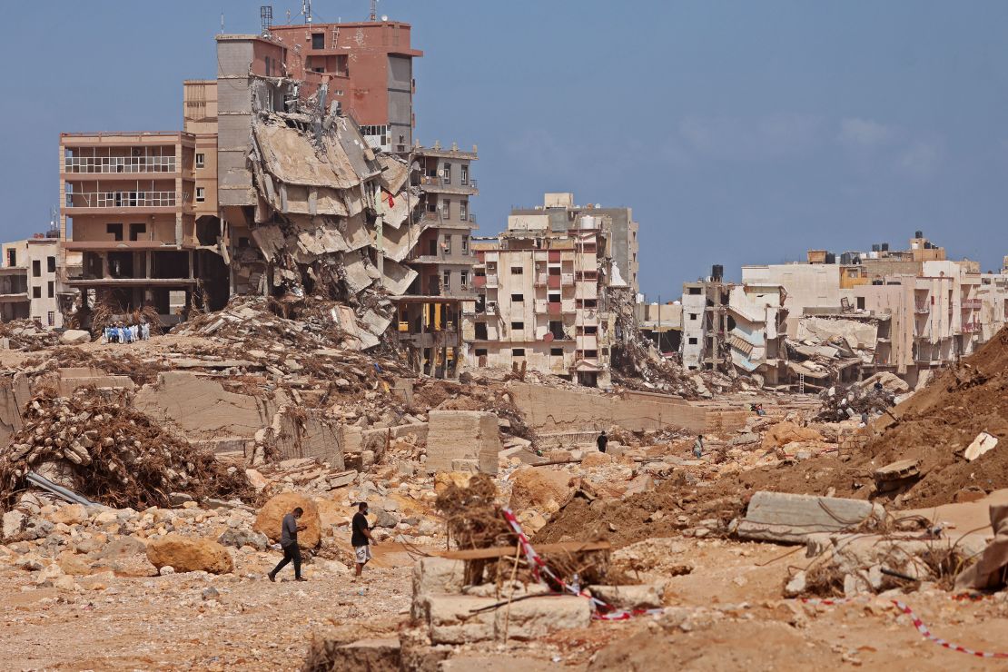 TOPSHOT - This picture shows destruction in the aftermath of flash flooding caused by Storm Daniel in Libya's eastern port city of Derna on September 17, 2023. A week after a tsunami-sized flash flood devastated the Libyan coastal city of Derna, sweeping thousands to their deaths, the international aid effort to help the grieving survivors slowly gathered pace. (Photo by Karim SAHIB / AFP) (Photo by KARIM SAHIB/AFP via Getty Images)