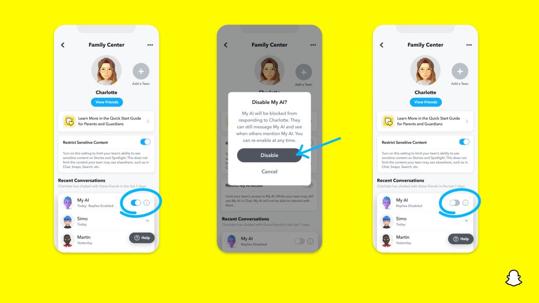 Snapchat's new parental controls for the myAI chatbot.