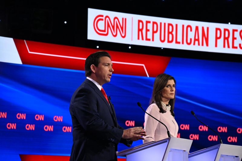 Former South Carolina Gov. Nikki Haley and Florida Gov. Ron DeSantis participate in a CNN Republican Presidential Debate at Drake University in Des Moines, Iowa, on January 10, 2024. (Will Lanzoni/CNN)