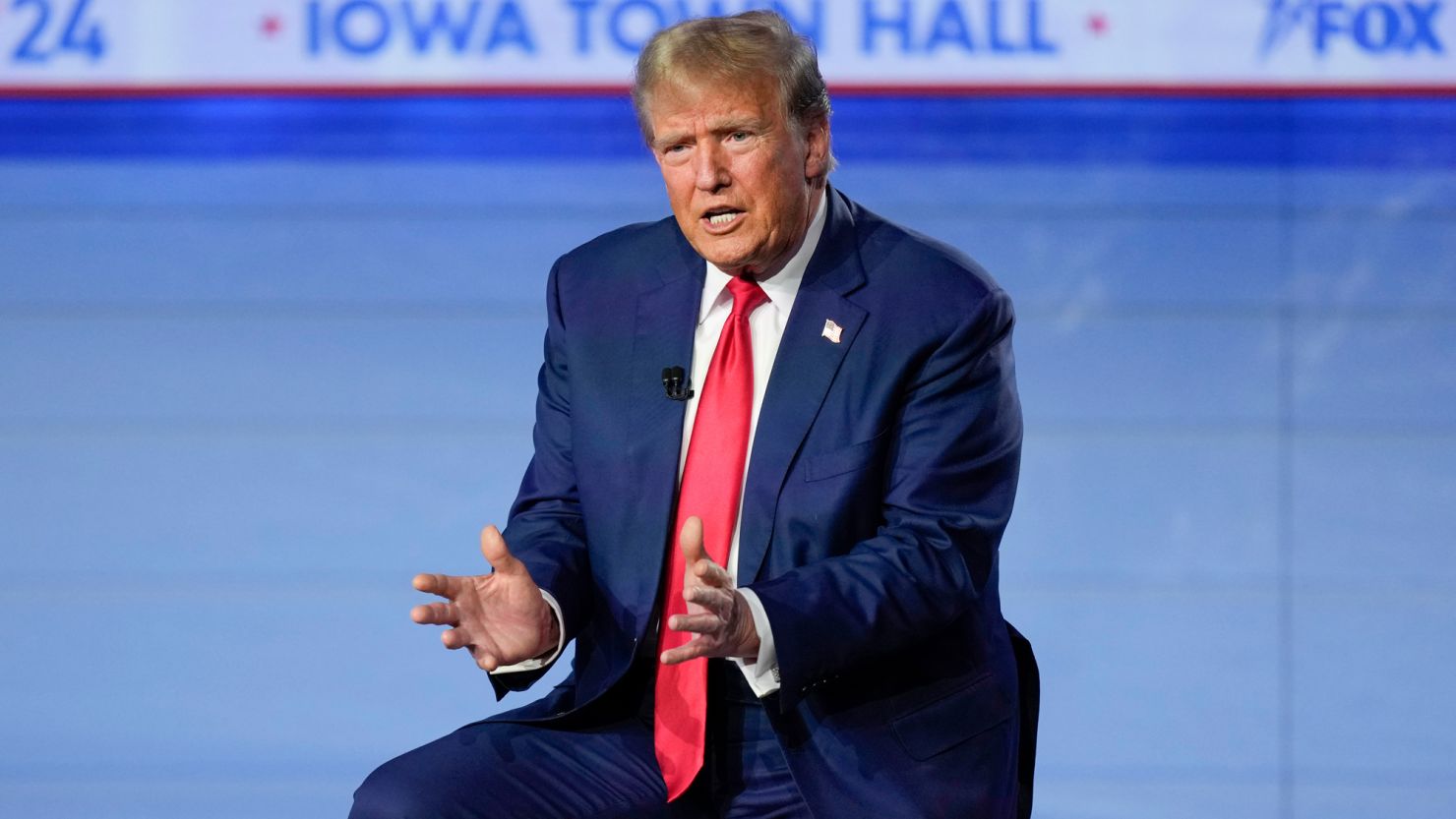 Republican presidential candidate former President Donald Trump speaks during a Fox News Channel town hall in Des Moines, Iowa, Wednesday, Jan. 10, 2024. (AP Photo/Carolyn Kaster)