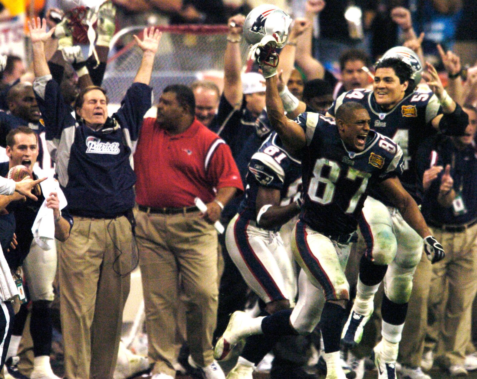 Belichick and the Patriots react after winning another Super Bowl in 2004.