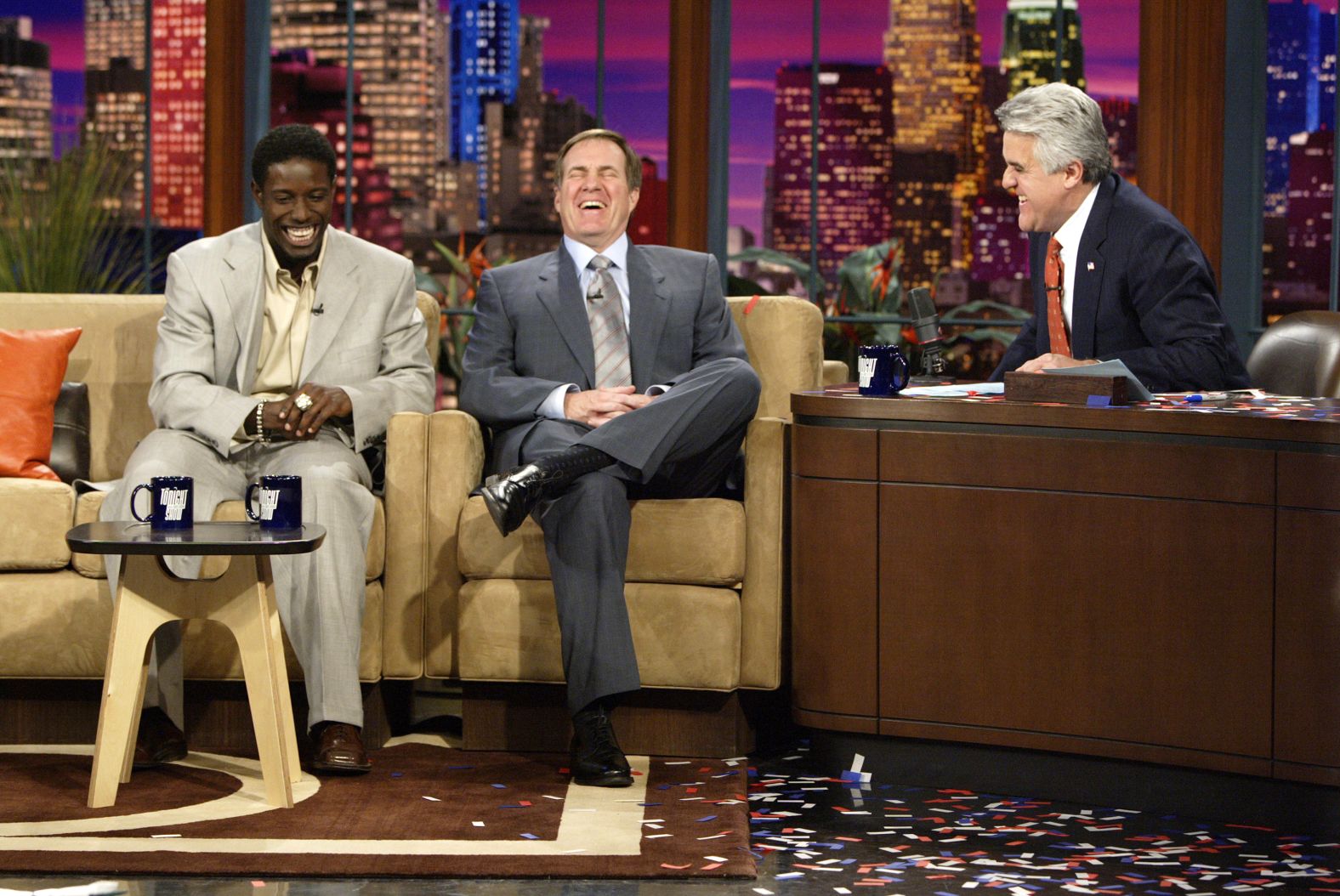 Belichick and Super Bowl MVP Deion Branch chat with late-night TV host Jay Leno in 2005.