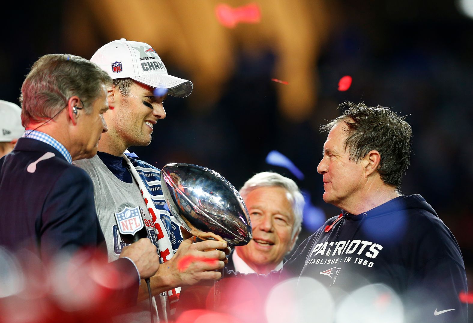 Brady and Belichick celebrate their 2015 Super Bowl win.