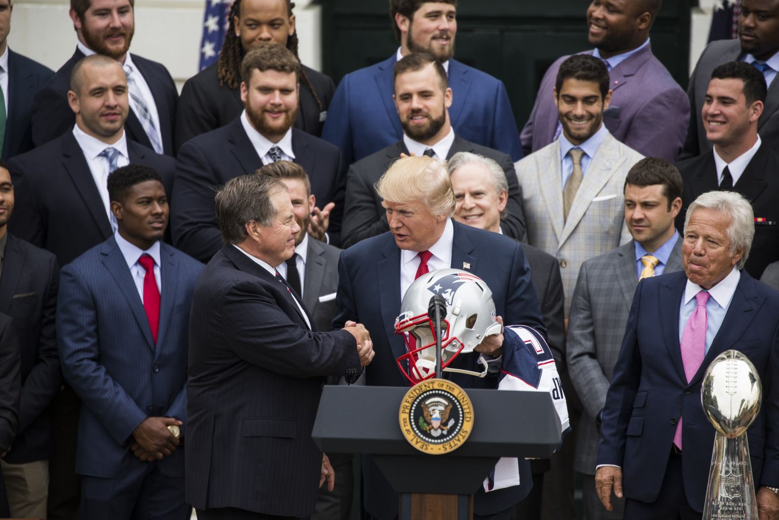 Belichick presents President Donald Trump with an official Super Bowl helmet at the White House in 2017. The Patriots were coming off one of their most famous Super Bowl wins — when they rallied from a 28-3 deficit to defeat the Atlanta Falcons 34-28. It was the largest comeback in Super Bowl history.