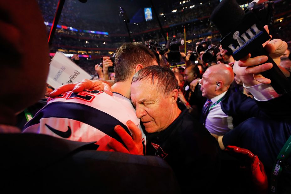 Brady and Belichick embrace after defeating the Los Angeles Rams in the 2019 Super Bowl.