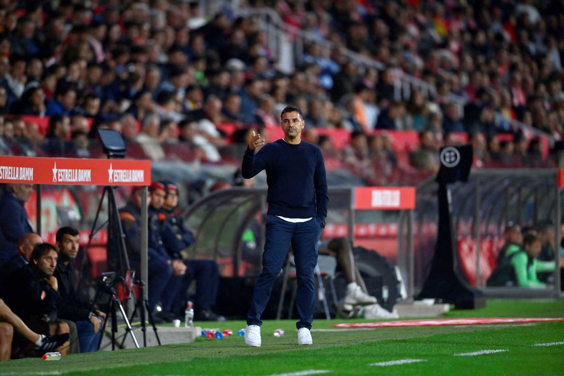 Girona's Spanish coach Michel gestures during the Spanish league football match between Girona FC and RC Celta de Vigo at the Montilivi stadium in Girona on October 27, 2023. (Photo by Pau BARRENA / AFP) (Photo by PAU BARRENA/AFP via Getty Images)