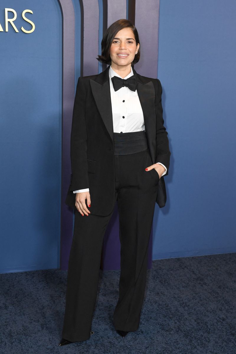 Outfit of the Week: America Ferrera swaps pink for a sleek black tux