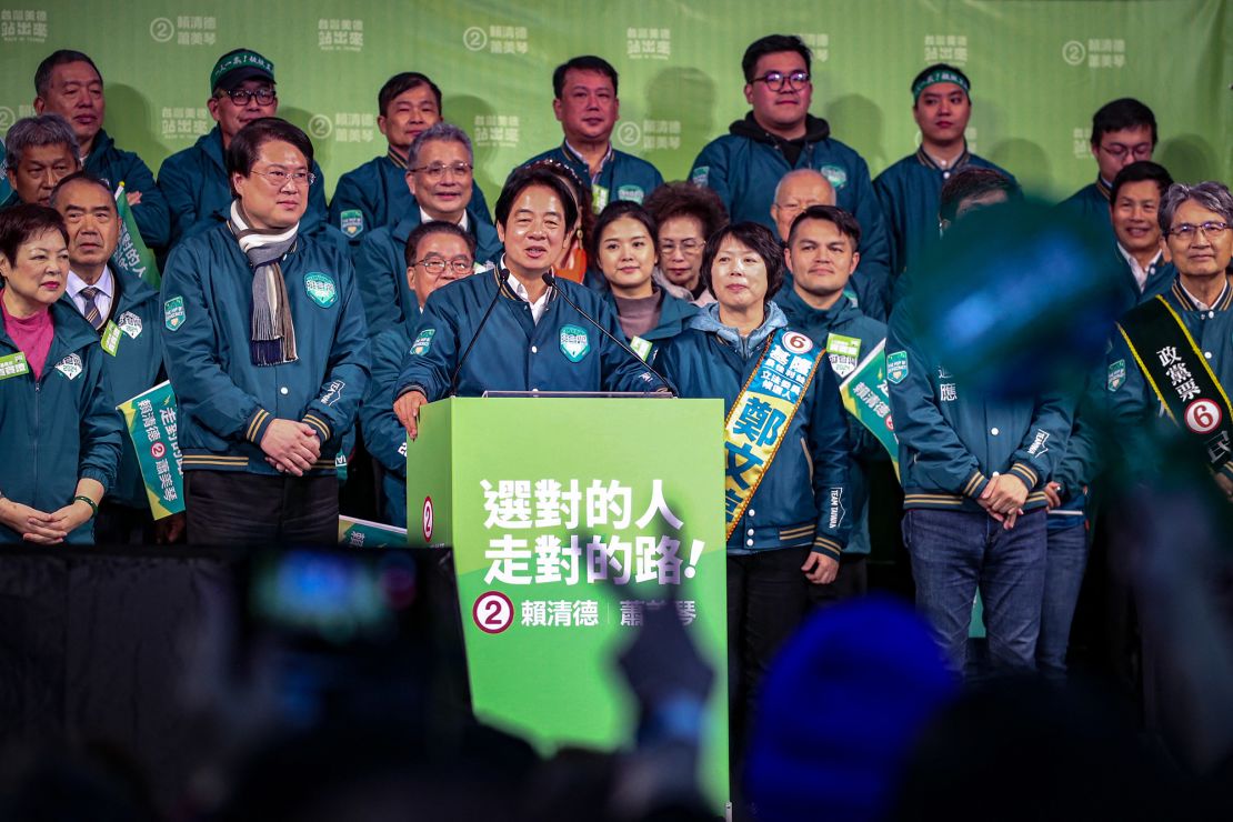 Taiwan's Vice President and presidential candidate of the ruling Democratic Progressive Party (DPP) Lai Ching-te (C) speaks during an election campaign rally, in Keelung on January 8, 2024, ahead of the upcoming presidential elections. (Photo by I-Hwa CHENG / AFP) (Photo by I-HWA CHENG/AFP via Getty Images)