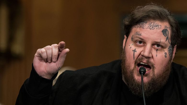 WASHINGTON, DC - JANUARY 11: American singer and songwriter Jason "Jelly Roll" DeFord testifies before the Senate Banking, Housing, and Urban Affairs committee on January 11, 2024 in Washington, DC. The hearing examined legislative solutions and public education for stopping the flow of fentanyl into and throughout the United States. (Photo by Kent Nishimura/Getty Images)