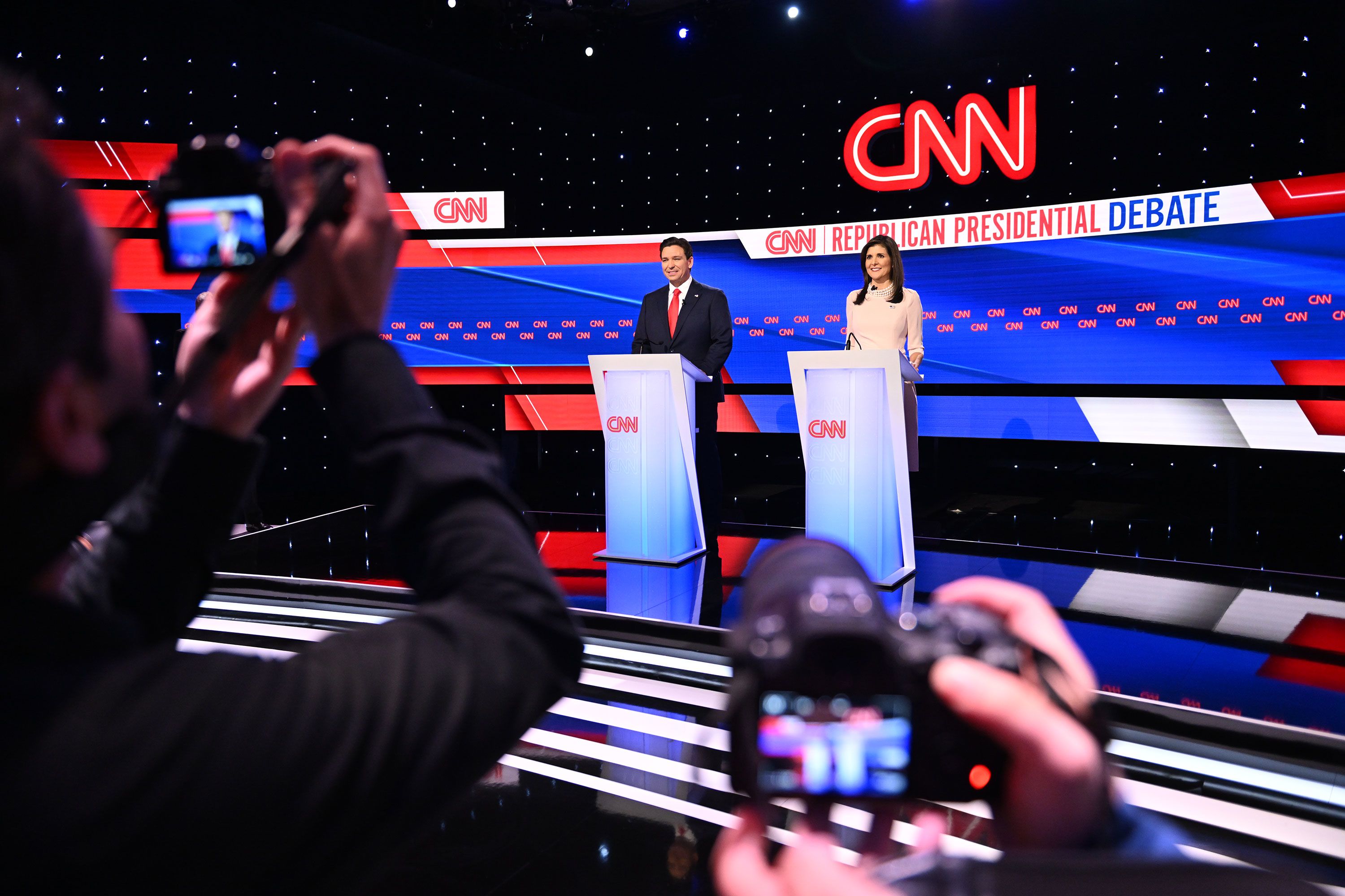 Florida Gov. Ron DeSantis and former South Carolina Gov. Nikki Haley take part in a CNN debate in Des Moines, Iowa, on Wednesday, January 10.