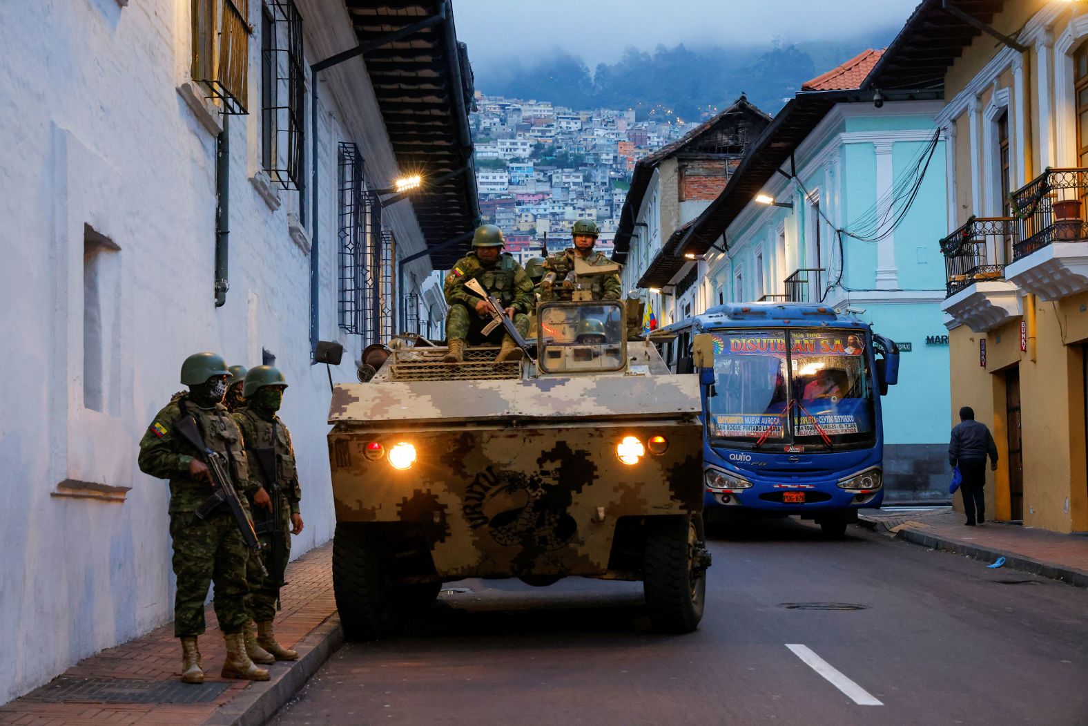 Soldiers patrol the historic center of Quito, Ecuador, on Tuesday, January 9, after President Daniel Noboa <a href="index.php?page=&url=https%3A%2F%2Fwww.cnn.com%2F2024%2F01%2F09%2Famericas%2Farmed-men-interrupt-live-tv-ecuador-intl%2Findex.html" target="_blank">declared an "internal armed conflict" in the country</a>, ordering security forces to "neutralize" several criminal groups accused of spreading extreme violence there. Noboa's decree came shortly after hooded and armed men interrupted a live television broadcast — one of several violent incidents that played out across the country on Tuesday.