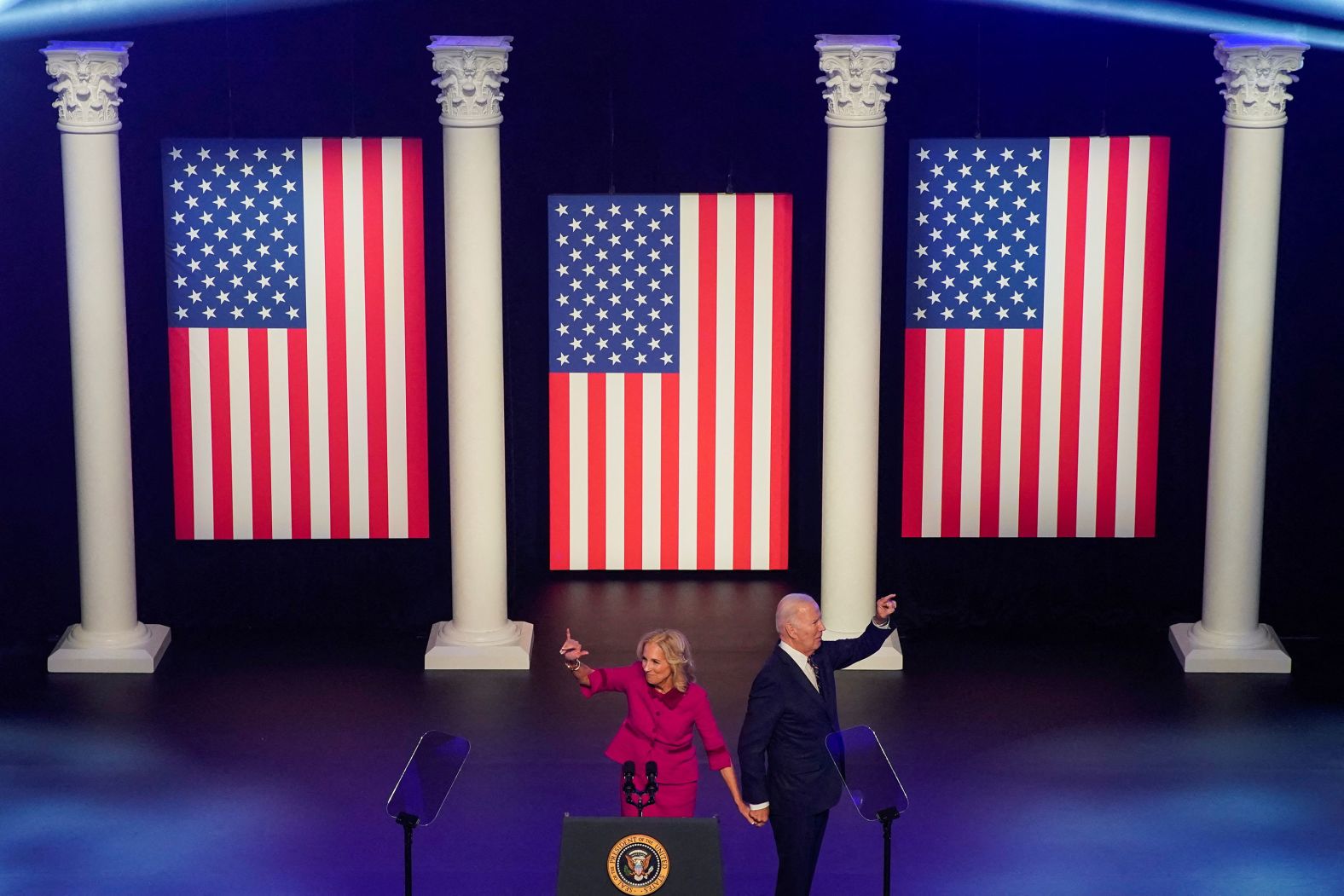 US President Joe Biden and first lady Jill Biden greet people at a campaign event in Blue Bell, Pennsylvania, on Friday, January 5. <a href="index.php?page=&url=https%3A%2F%2Fwww.cnn.com%2Fpolitics%2Flive-news%2Fdesantis-haley-cnn-town-hall-01-04-24%2Fh_bd1990a9570f9bdb0623d709cff50634" target="_blank">The president delivered a speech</a> a day before the third anniversary of the January 6 insurrection at the US Capitol. He said the upcoming presidential election is about preserving American democracy.