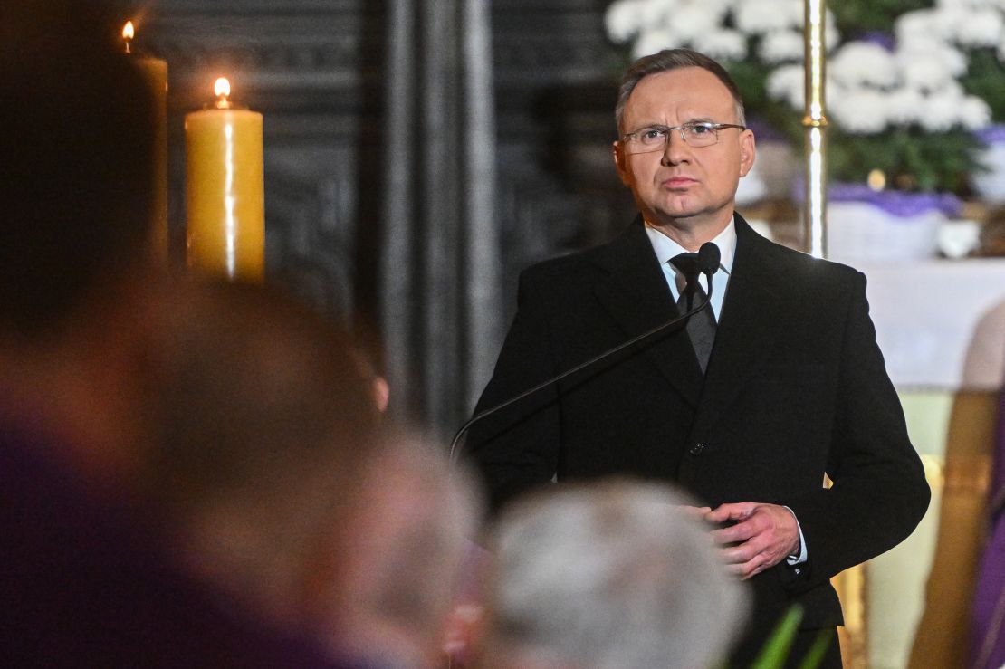 KRAKOW, POLAND - OCTOBER 31: The president of Poland, Andrzej Duda delivers a speech during the state funeral for the late Polish Holocaust survivor, Wanda Poltawska on October 31, 2023 in Krakow, Poland. Wanda Poltawska, a survivor of the Holocaust in the Ravensbruck concentration camp, died a few days before her 102nd birthday. During her incarceration in the concentration camp, medical experiments were carried out on her. Poltawska was a close friend with the late Pope John Paul II during his priesthood, and remained friends with him until his death in 2005.