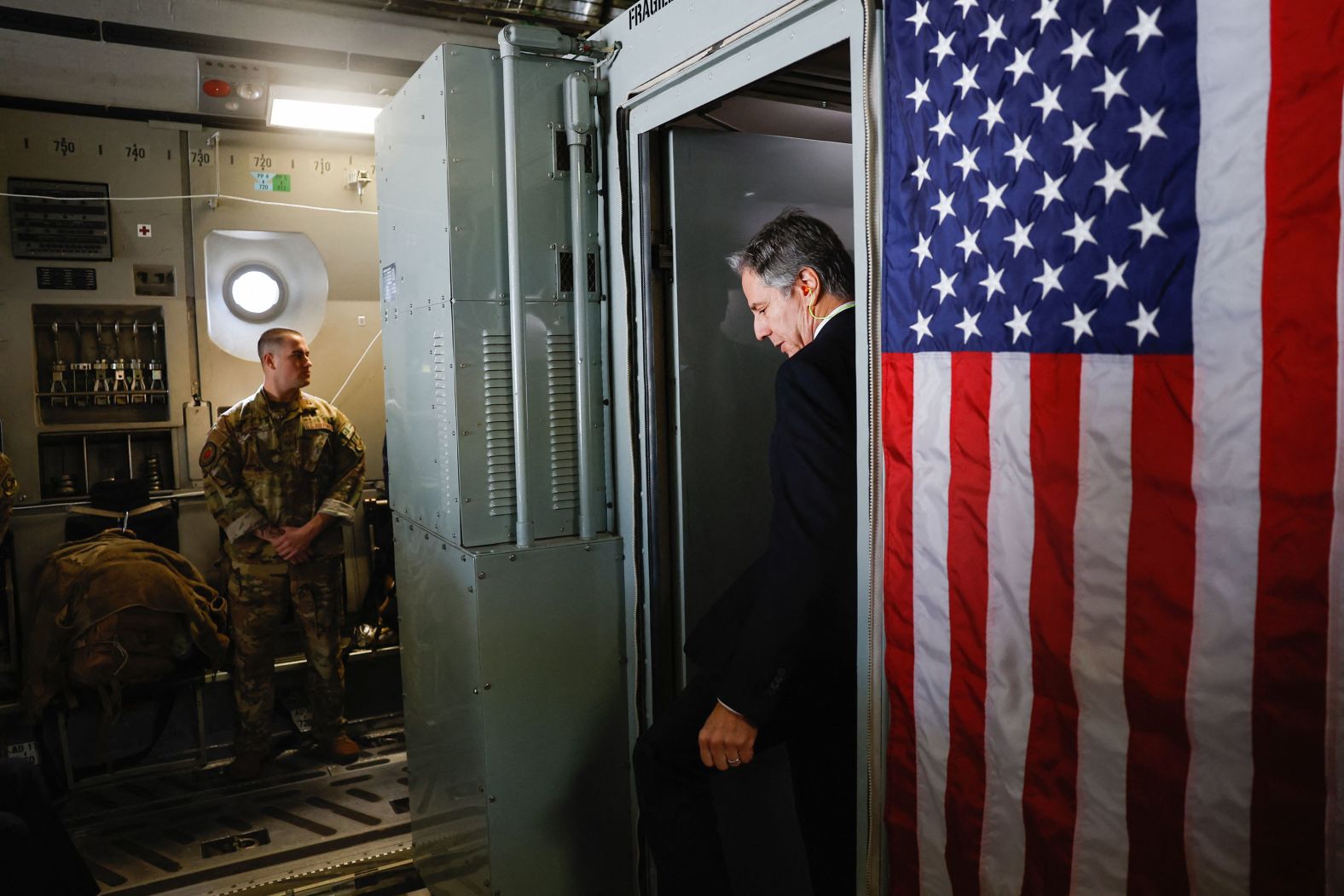 US Secretary of State Antony Blinken boards a military plane near Tel Aviv, Israel, as he departs for Bahrain on Wednesday, January 10. <a href="index.php?page=&url=https%3A%2F%2Fwww.cnn.com%2Fmiddleeast%2Flive-news%2Fisrael-hamas-war-gaza-news-01-10-24%2Fh_28542ab2d22b76f38ba73e285dfc59c7" target="_blank">Blinken was making a surprise visit to meet with Bahraini King Hamad bin Isa Al Khalifa</a> as part of his Middle East trip to ease regional tensions over Israel's military offensive in Gaza.