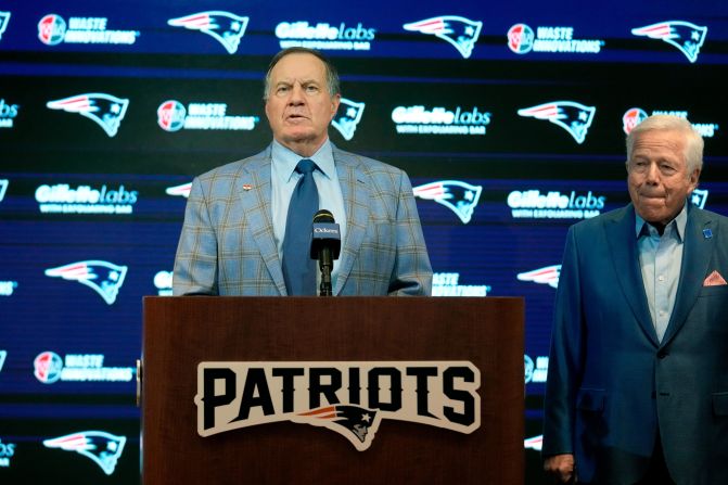 Belichick faces reporters as Patriots owner Robert Kraft looks on in January 2024. Belichick said the two of them "mutually agreed" to part ways when they met following the end of the 2023 season.