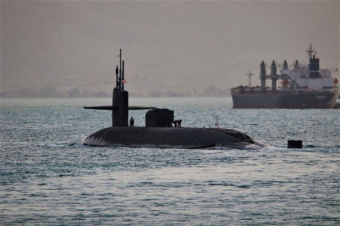 The guided missile submarine USS Florida transits the Suez Canal in Egypt, en route the Middle East in support of the Bahrain-based US Fifth Fleet, in this photo taken on April 7, 2023 and released by U.S.Navy Central Command.