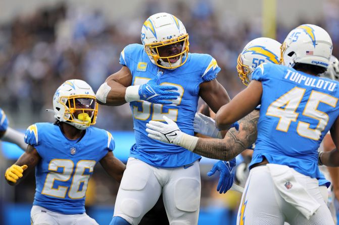 Los Angeles Chargers linebacker Khalil Mack celebrates a sack during the Chargers' 24-17 victory on Sunday, October 1. Mack recorded six sacks, becoming the fifth player in NFL history to do so in a single game.