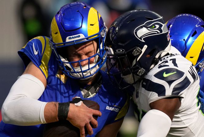 Seattle Seahawks cornerback Devon Witherspoon sacks Los Angeles Rams quarterback Matthew Stafford on Sunday, November 19. The Seahawks beat the Rams 17-16.