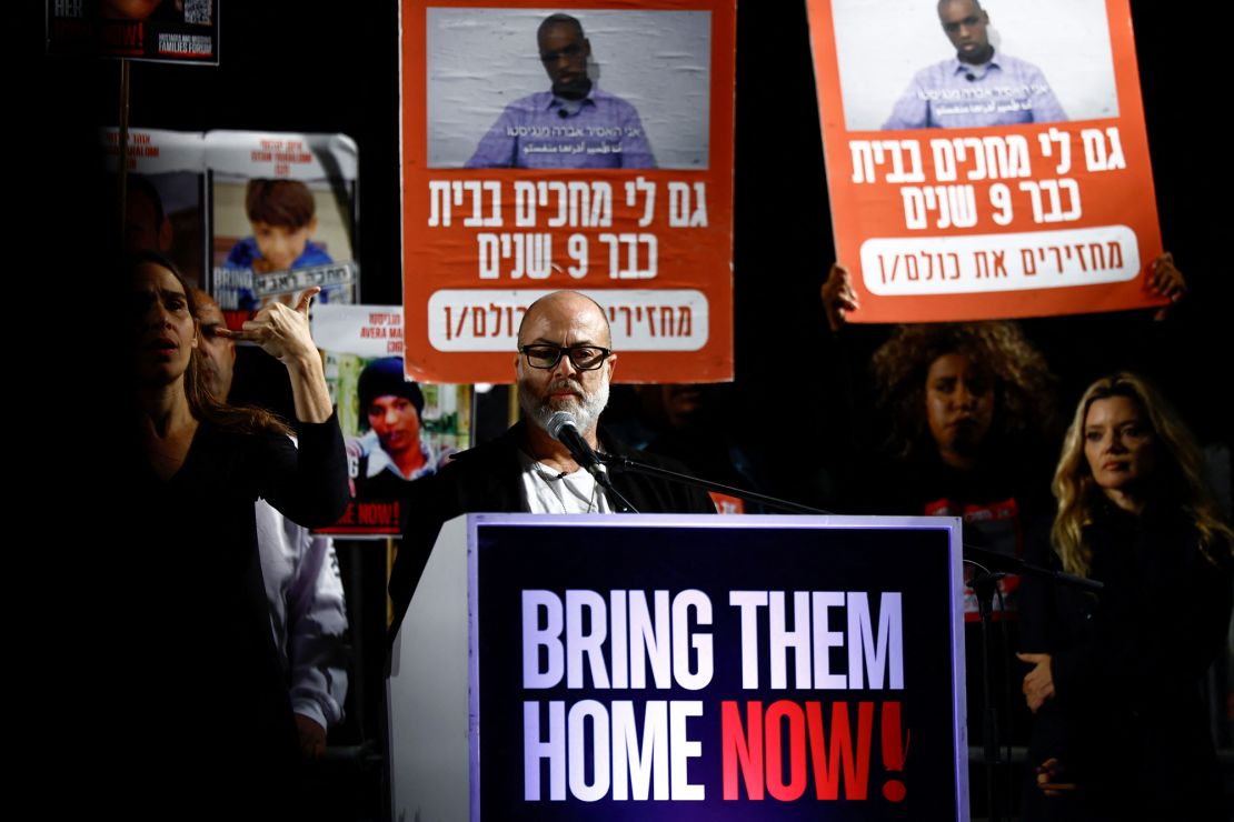 Shai Wenkert, father of hostage Omer Wenkert, attends a rally calling for the release of hostages kidnapped on the deadly October 7 attack by Palestinian Islamist group Hamas, amid the ongoing conflict between Israel and the Palestinian Islamist group Hamas, in Tel Aviv, Israel, December 9, 2023. REUTERS/Clodagh Kilcoyne