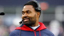 New England Patriots coach Jerod Mayo during the first half of an NFL football game, Sunday, Jan. 2, 2022, in Foxborough, Mass.