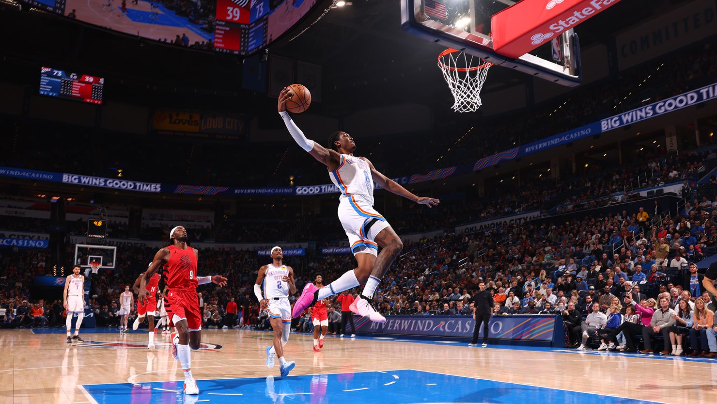 OKLAHOMA CITY, OK - JANUARY 11: Jalen Williams #8 of the Oklahoma City Thunder dunks the ball during the game against the Portland Trail Blazers on January 11, 2024 at Paycom Arena in Oklahoma City, Oklahoma. NOTE TO USER: User expressly acknowledges and agrees that, by downloading and or using this photograph, User is consenting to the terms and conditions of the Getty Images License Agreement. Mandatory Copyright Notice: Copyright 2024 NBAE (Photo by Zach Beeker/NBAE via Getty Images)