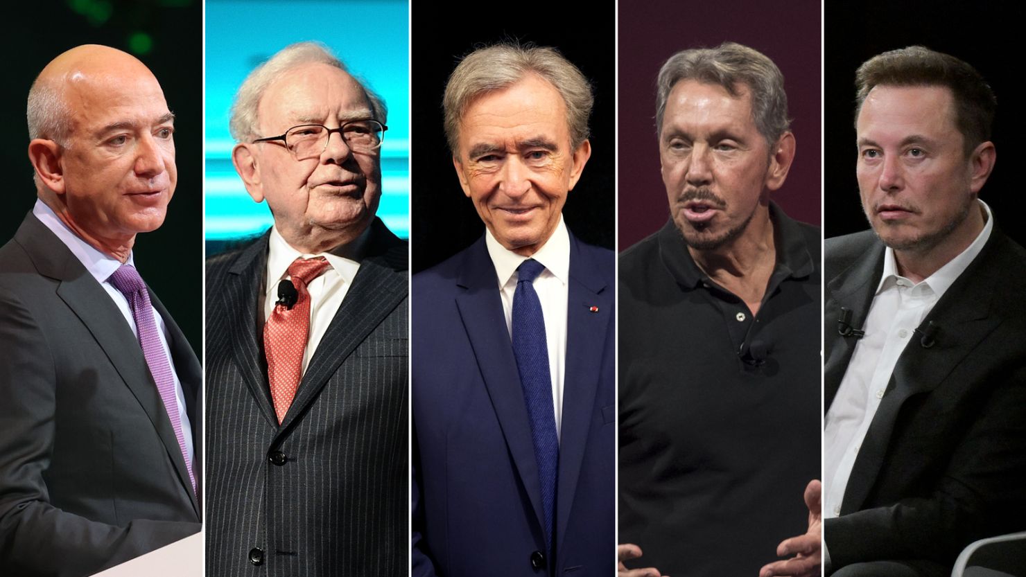 Jeff Bezos, Warren Buffett, Bernard Arnault, Larry Ellison and Elon Musk.