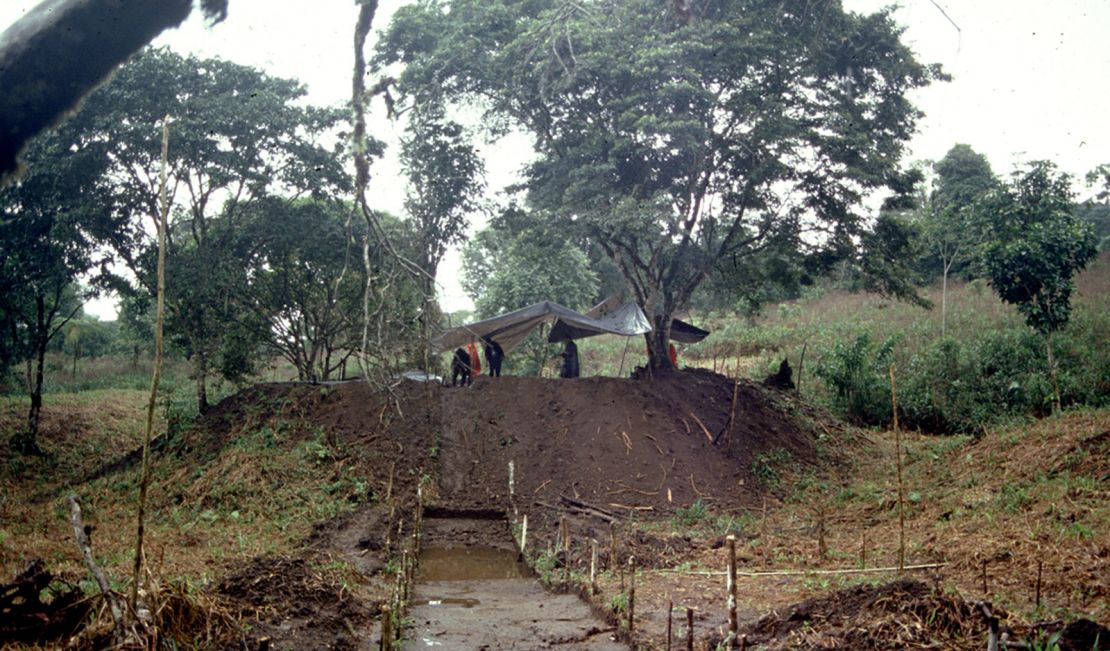 Earth platform of the Sangay site, Upano Valley, Ecuador, during large-scale archaeological excavation