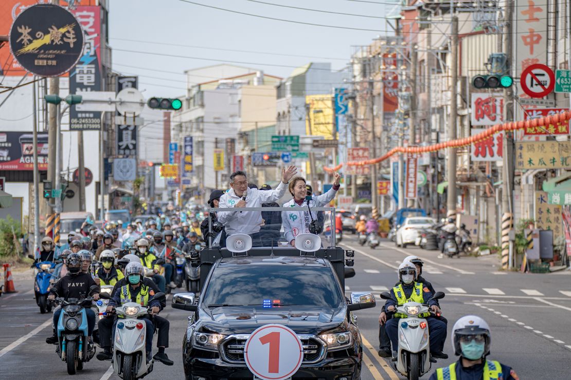 Taiwan People's Party (TPP) presidential candidate, Ko Wen-je, greets supporters during a motorcade campaign tour in Tainan, Taiwan on January 9, 2024.