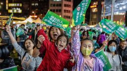A mother and her daughters take part during the campaign rally. Entering the last week of the Taiwan Presidential Election 2024, the Democratic Progressive Party (DPP) held a massive rally in Xinzhuang, New Taipei City on January 8, 2024.