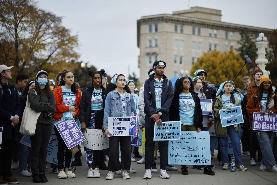 WASHINGTON, DC - OCTOBER 31: Proponents for affirmative action in higher education rally in front of the U.S. Supreme Court before oral arguments in Students for Fair Admissions v. President and Fellows of Harvard College and Students for Fair Admissions v. University of North Carolina on October 31, 2022 in Washington, DC. The conservative Supreme Court will hear arguments for the two cases concerning the consideration of race as one factor in college admission at the two elite universities, which will have an effect on most institutions of higher education in the United States. (Photo by Chip Somodevilla/Getty Images)