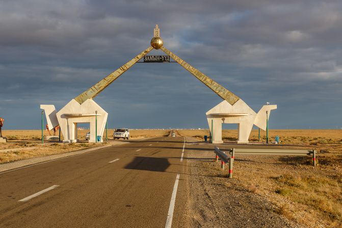 Zamiin-Uud, Mongolia - September 22, 2018: A sign designating entry to the town of Zamiin-Uud. A city in Mongolia, located on the border with China.