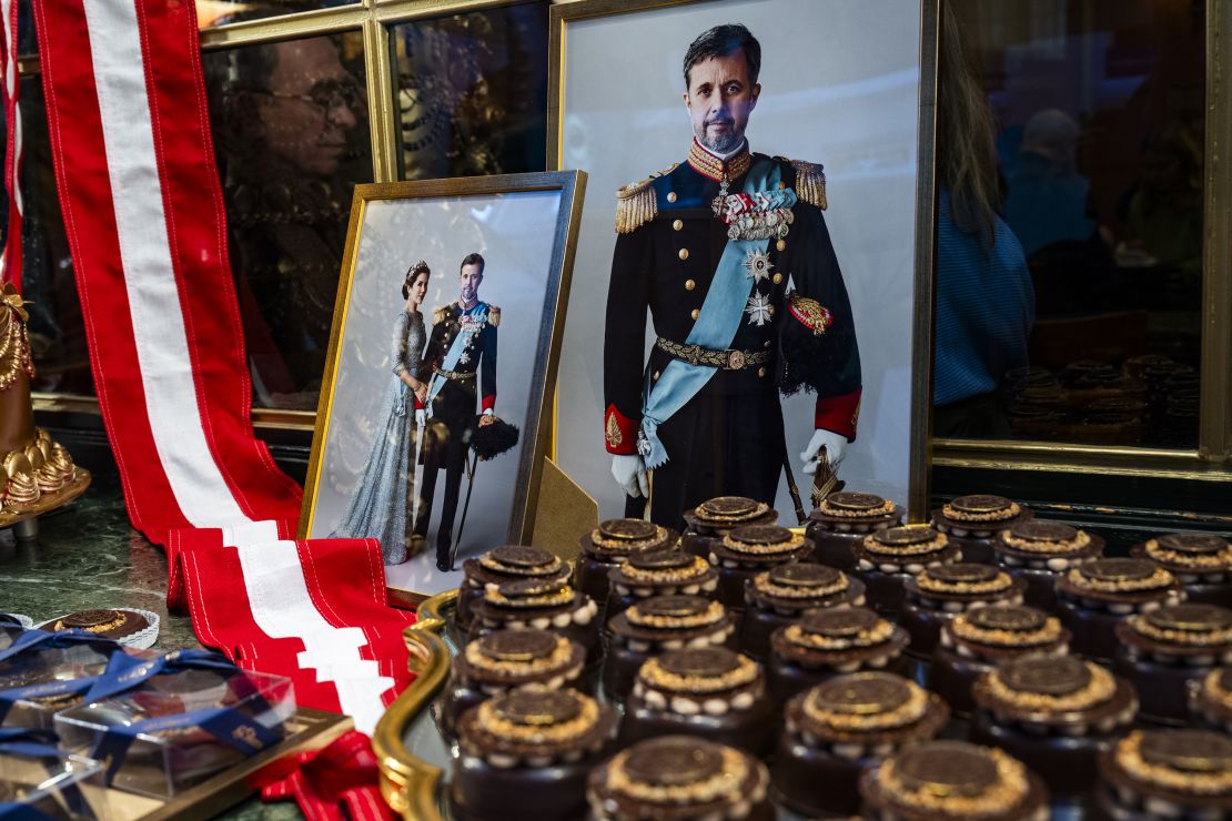 Excitement is building in the nation as Danes prepare for the transference of power which will take place on Sunday. Photos of the Crown Prince couple in the window at Conditori La Glace as they display the Frederik X cake and chocolate, which will be part of the daily assortment for the forthcoming years on January 10, 2024 in Copenhagen, Denmark. 