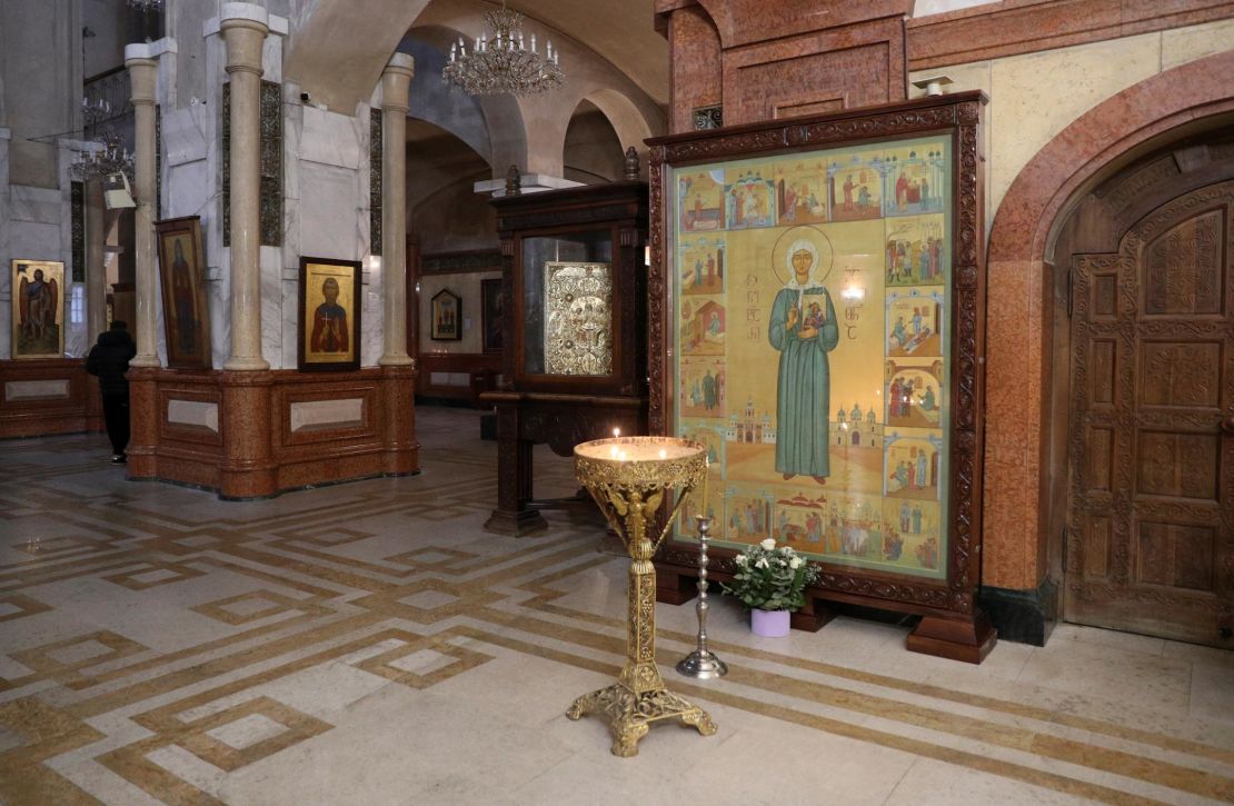 A view shows an icon, an element of which depicts Soviet leader Joseph Stalin being blessed by Russian Orthodox saint Matrona of Moscow, and that was recently defaced with paint in an act of protest amid controversy over the icon's apparent honouring of Stalin, at the Holy Trinity Cathedral in Tbilisi, Georgia, January 10, 2024.