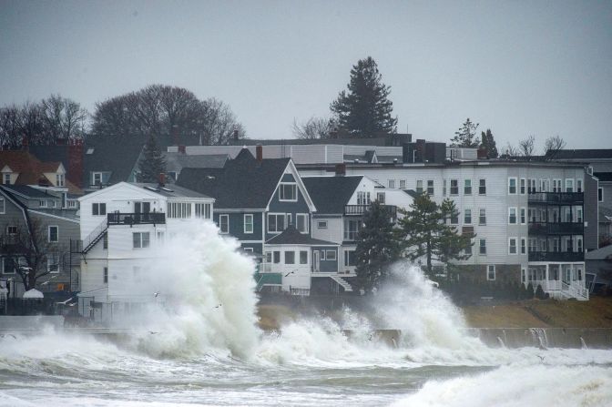 Storm waves batter coastal homes in Winthrop, Massachusetts, on January 13.