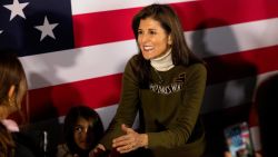 Former UN Ambassador and 2024 presidential hopeful Nikki Haley greets her supporters at a campaign event in The James Theater in Iowa City, Iowa, on January 13, 2024.