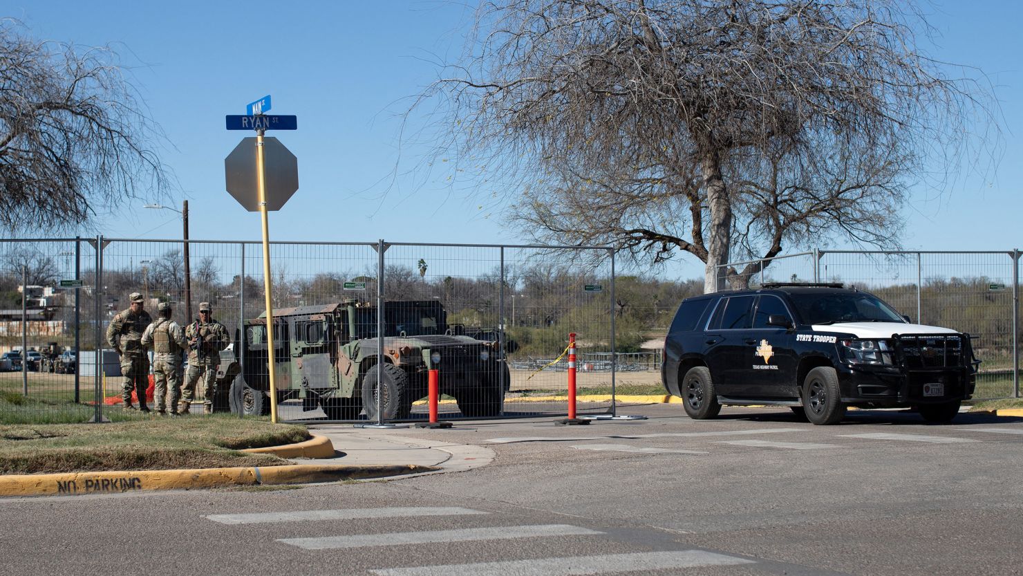 Texas National Guard troops control who enters and exits Shelby Park at the U.S.-Mexico border in Eagle Pass, Texas, U.S., January 12, 2024.     REUTERS/Kaylee Greenlee Beal