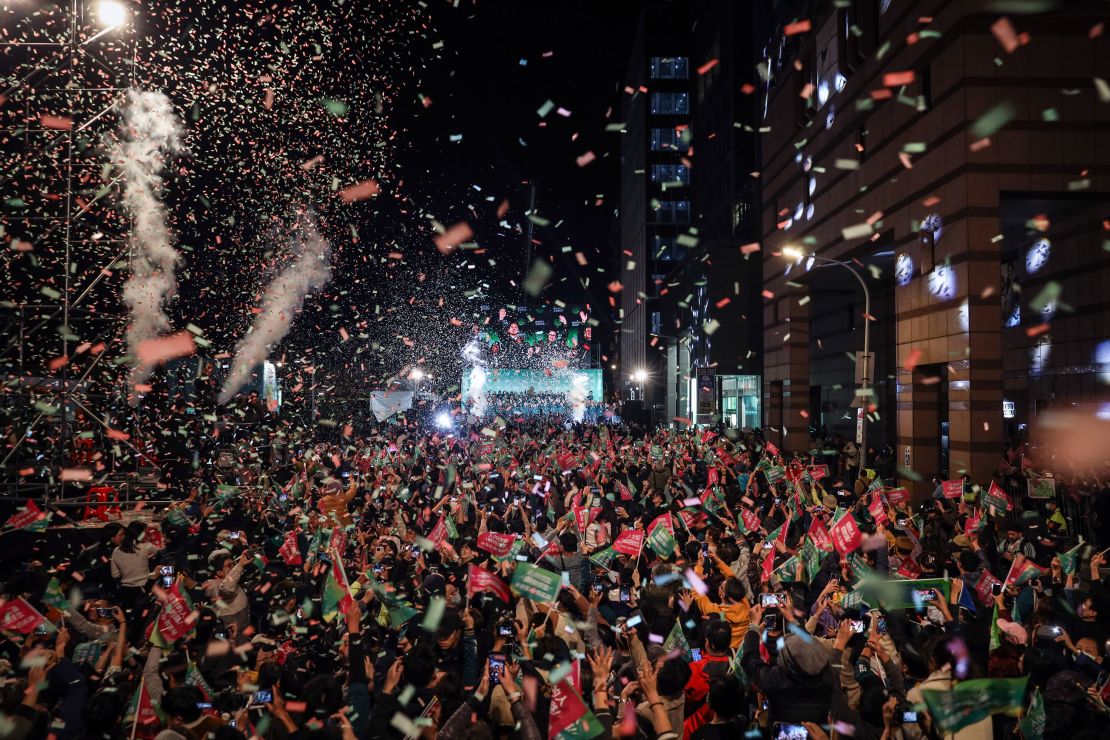 TAIPEI, TAIWAN - JANUARY 13: Confetti flies over the stage and crowd as Taiwan's Vice President and presidential-elect from the Democratic Progressive Party (DPP) Lai Ching-te and his running mate Hsiao Bi-khim speak to supporters at a rally at the party's headquarters on January 13, 2024 in Taipei, Taiwan. Taiwan voted in a general election on Jan. 13 that will have direct implications for cross-strait relations. (Photo by Annice Lyn/Getty Images)