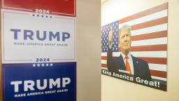 A former U.S. President Donald Trump's posters are displayed at his campaign headquarters in Urbandale, Iowa U.S., January 13, 2024. REUTERS/Jeenah Moon