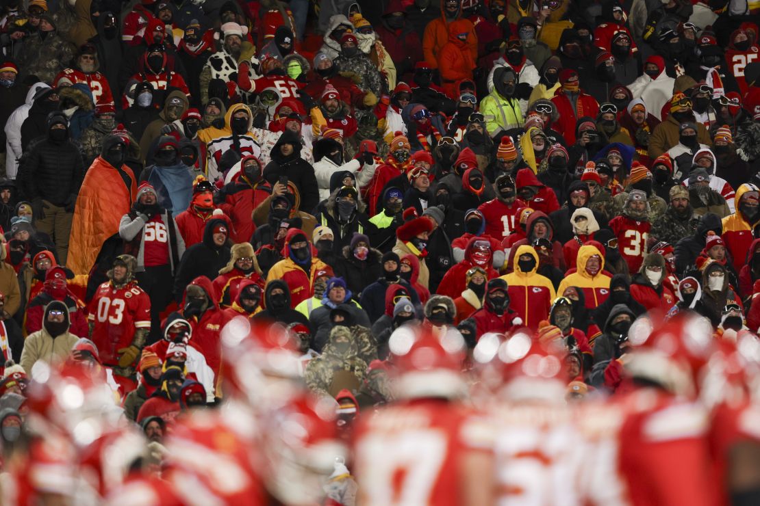 KANSAS CITY, MISSOURI - JANUARY 13: Kansas City Chiefs fans look on during an NFL Super Wild Card Weekend playoff game against the Miami Dolphins at GEHA Field at Arrowhead Stadium on January 13, 2024 in Kansas City, Missouri. (Photo by Kara Durrette/Getty Images)