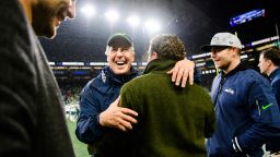 SEATTLE, WASHINGTON - DECEMBER 18: Seattle Seahawks head coach Pete Carroll celebrates after defeating the Philadelphia Eagles at Lumen Field on December 18, 2023 in Seattle, Washington. (Photo by Jane Gershovich/Getty Images)
