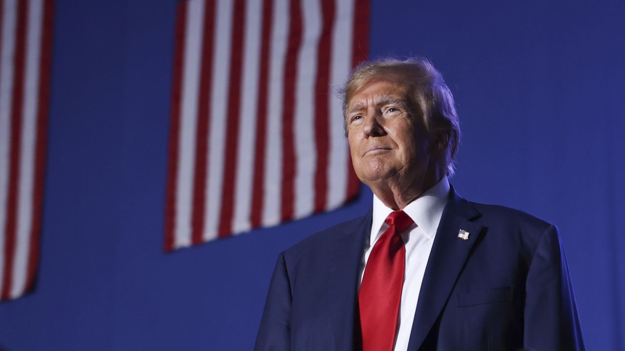 Former President Donald Trump greets the crowd at a campaign rally Saturday Dec. 16, 2023, in Durham, N.H.