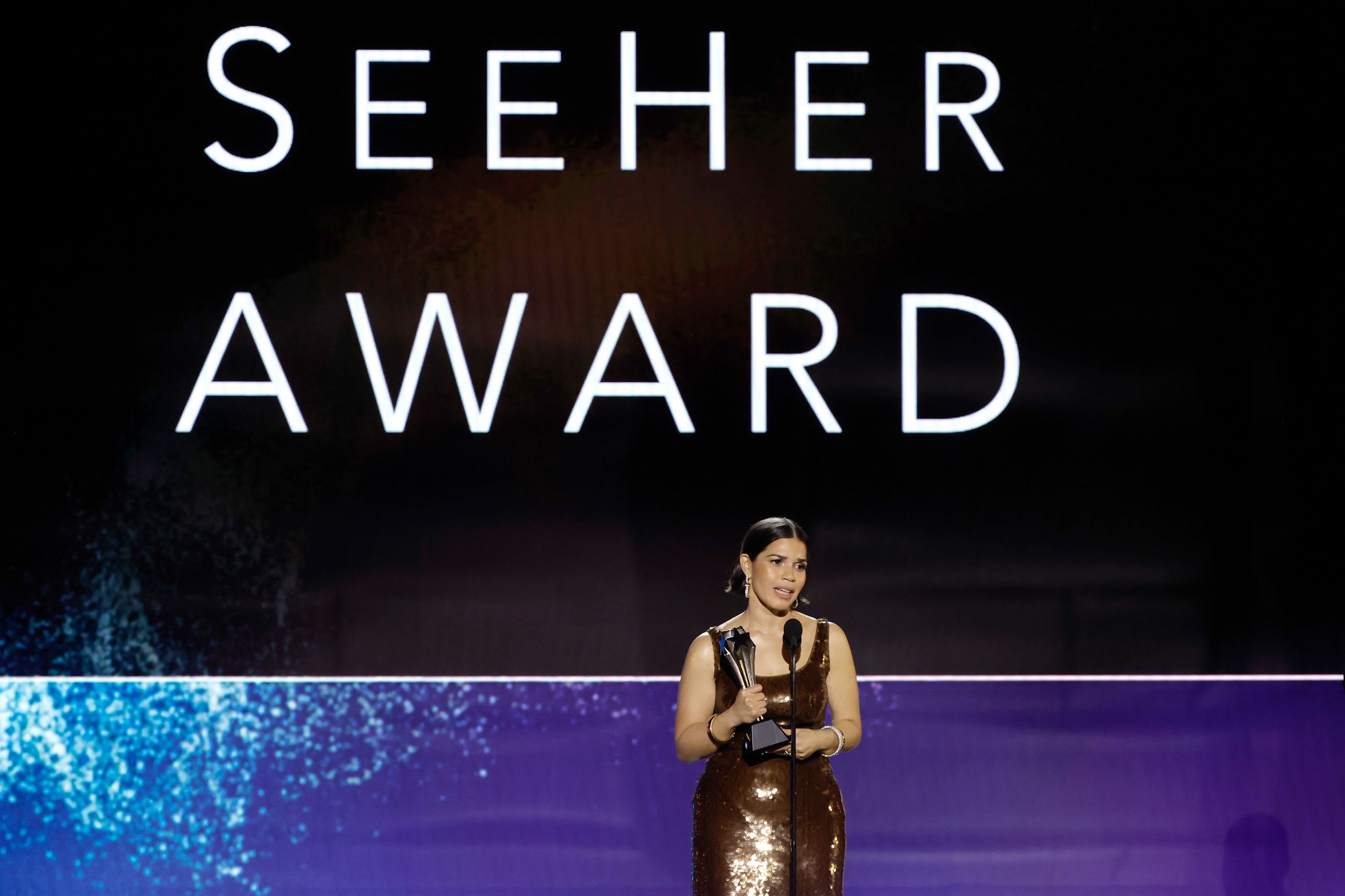 America Ferrera accepts the SeeHer award, which honors a woman who advocates for gender equality, portrays characters with authenticity, defies stereotypes and pushes boundaries.