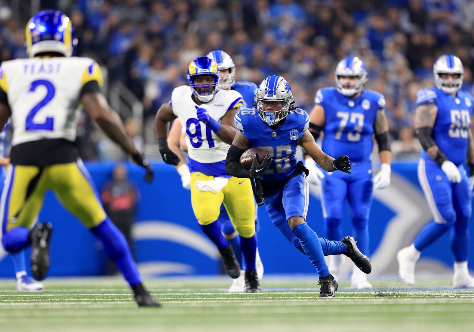 Detroit Lions running back Jahmyr Gibbs runs the ball during the Lions' 24-23 victory over the Los Angeles Rams on Sunday, January 14. It was the Lions' first playoff win since the 1991 season.