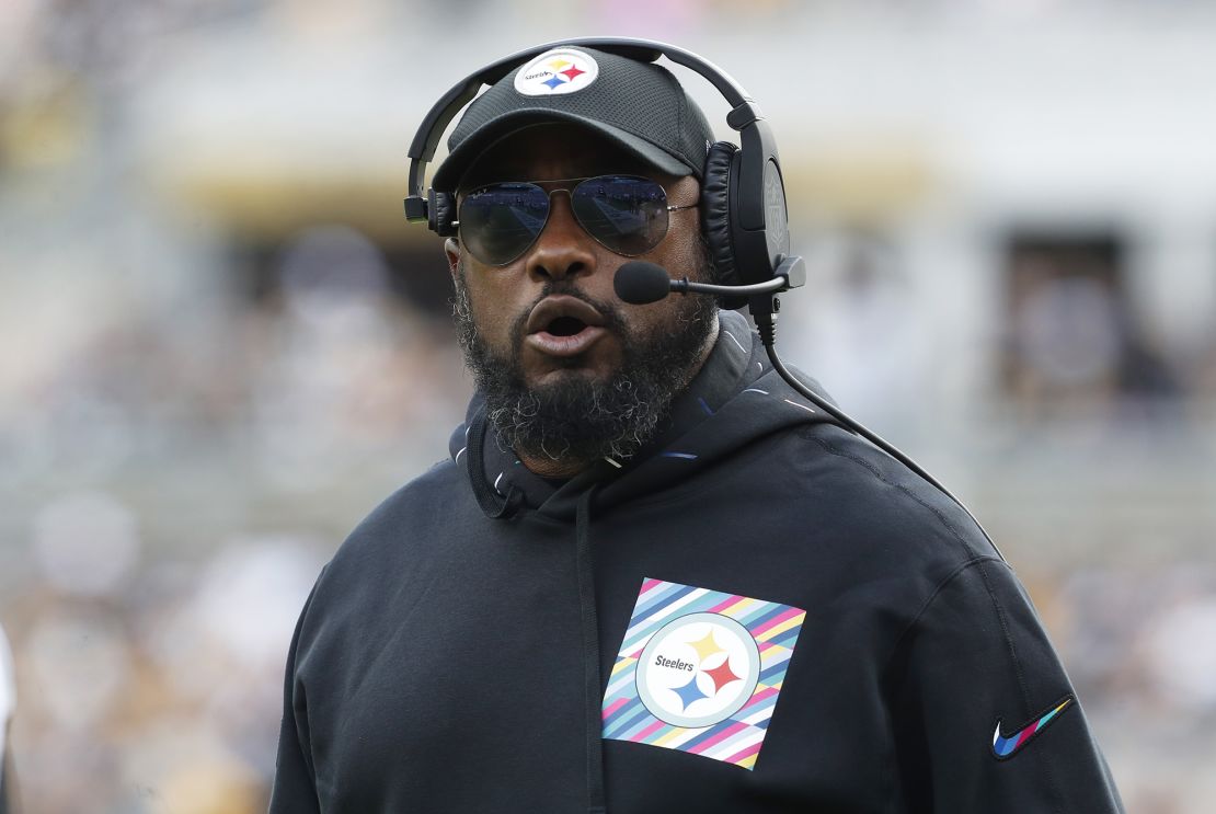 Oct 8, 2023; Pittsburgh, Pennsylvania, USA; Pittsburgh Steelers head coach Mike Tomlin reacts on the sidelines against the Baltimore Ravens during the first quarter at Acrisure Stadium. Mandatory Credit: Charles LeClaire-USA TODAY Sports