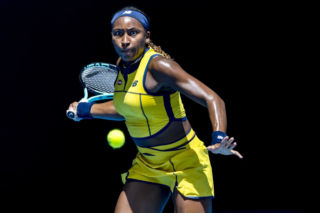 MELBOURNE, VIC - JANUARY 15: Coco Gauff of the United States of America in action during Round 1 of the 2024 Australian Open on January 15 2024, at Melbourne Park in Melbourne, Australia. (Photo by Jason Heidrich/Icon Sportswire) (Icon Sportswire via AP Images)